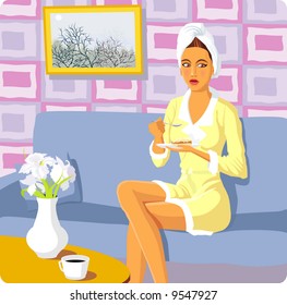 The girl eats a pie and watches TV