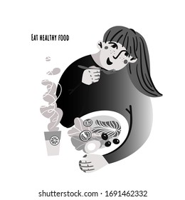 La chica come pescado rojo, un huevo, tomates, aceitunas y ensalada y bebe un jengibre con limón en casa.  Ilustración. Vector.