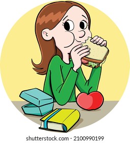 una chica come un sándwich en la escuela
