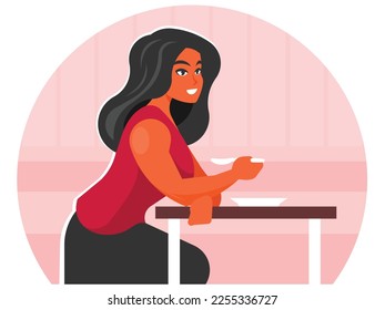 The girl eats soup sitting at the table. Lunch break. Hungry woman sitting at table with soup bowl to have lunch in cafe. Vector illustration