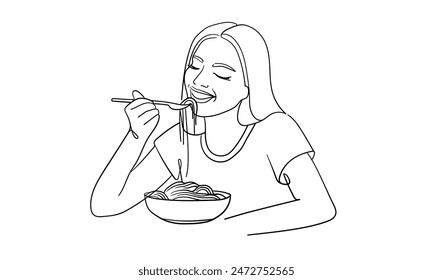 Girl eats spaghetti and enjoys food continuous line art drawing isolated on white background. Vector illustration   