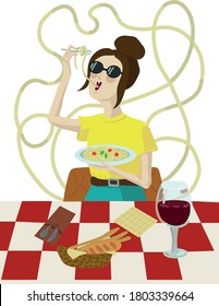 Girl eats spaghetti on vacation in Italy