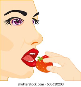 Girl eats strawberries