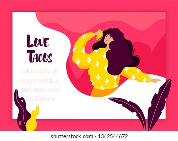Girl eats taco on color background with plants and frame. Vector mexican banner in flat linear style.