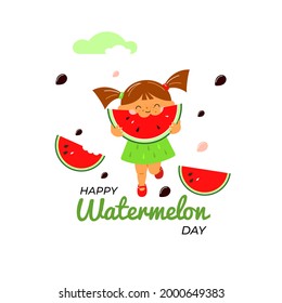 Ein Mädchen isst eine Wassermelone. Herzlichen Glückwunsch zum Watermelon-Tag. Ein süßer Sommerurlaub. Design von Postkarten, Poster, Web, Bannern. Cartoon-Stil. Die Vektorgrafik ist einzeln auf weißem Hintergrund.