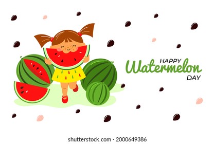 Una chica come una sandía. Felicitaciones por el Día de la sandía. Unas dulces vacaciones de verano. Diseño de postales, afiches, web, banners. Estilo de caricatura. El vector está aislado en un fondo blanco.