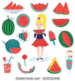 Girl eats watermelon, isolated icons vector illustration. Set of icons and stickers in flat cartoon style, slices of watermelon and refreshing cocktails with fruit flavor. Summer juicy dessert