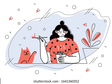 Girl eats wok noodles. Woman eats a dish of Asian cuisine. Cartoon character, vector illustration