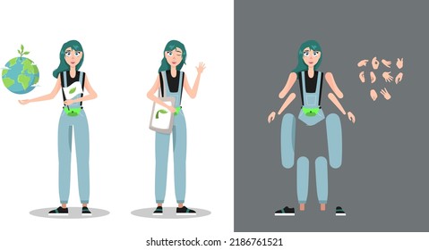 Girl Eco Activist Holds The Earth In Her Hands. A Set For Creating An Animation Of A Girl. Various Hands. Front View, Side View.