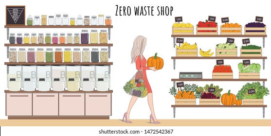 Girl With Eco Bag Buy Vegetables, Fruits And Bulk Food. Local Marker, Grocery Store, Zero Waste Shop. Dispenser For Bulk Products Without Packaging. No Plastic. Hand Drawn Vector Illustration.