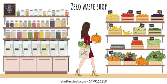 Girl with eco bag buy vegetables, fruits and bulk food. Local marker, grocery store, zero waste shop. Dispenser for bulk products without packaging. No plastic. Hand drawn vector illustration.