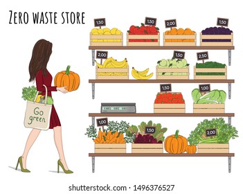 Girl with eco bag buy vegetables and fruits in the boxes. Farmer’s marker, grocery store, zero waste shop. Local market food, fresh and organic farm products. Hand drawn vector illustration.