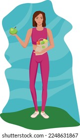 Girl with an eco-friendly bag with an apple. Proper nutrition, ecology, diet and healthy lifestyle. Vector flat illustration with character.
