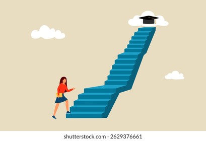 Girl and educational goals. Female student climbing up stairs to reach her goal on the top. Starting her way up to academic cap as symbol college graduation.