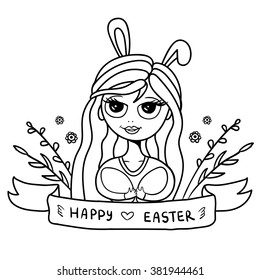 Girl with eggs and rabbit ears. Black and white. In vector