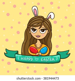 Girl with eggs and rabbit ears. In vector