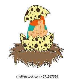 Girl in an eggshell in the nest