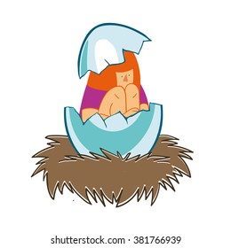girl in an eggshell in the nest