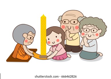 Girl and elderly couple offering Buddhist Lent candle to monk for Rains Retreat or Khao Phansa with white background.