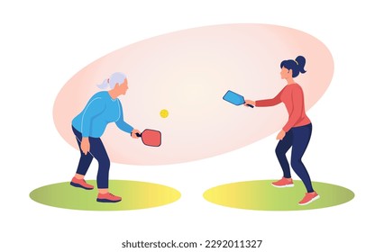 Girl and elderly woman play pickleball. Athlete, human figure with racket and ball. Outdoor sports. Summer sports. Active pickleball game for whole family. Active old age. Vector illustration