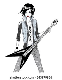 Girl with electric guitar. The musician, rocker, singer. Vector fashion illustration on white background. Sketch