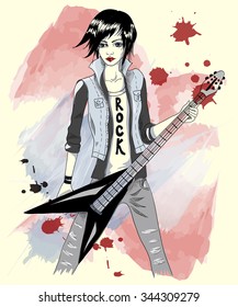 Girl with electric guitar. The musician, rocker, singer. Vector fashion illustration on abstract background