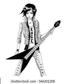 Girl with electric guitar. The musician, rocker, singer. Vector fashion illustration on white background.  Sketch