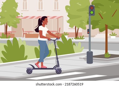 Girl with electric scooter vector illustration. Cartoon young woman rider character standing at crosswalk with modern personal eco transport, mobility transportation in city street and road background