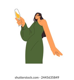 Girl in elegant dress holds champagne in hand. Young woman raises glass on party. Happy person celebrates holiday, cheers with alcohol drink. Flat isolated vector illustration on white background