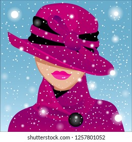 The girl in an elegant lilac hat and coat under the snow.Vector illustration.