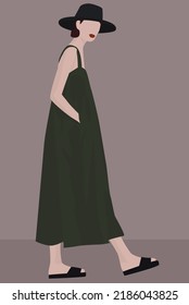 Una chica con un elegante vestido de verano. Imagen plana vectorial de una dama con un vestido largo, sandalias y un sombrero. Diseño para avatares, carteles, fondos, plantillas, postales, textiles.