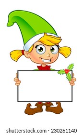 Girl Elf Character In Green - Holding Blank Board