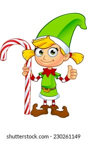 Girl Elf Character In Green - Holding Candy Cane