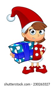 Girl Elf Character In Red - Holding Present