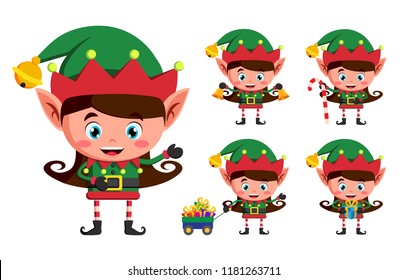 Girl elf christmas vector character set. Kid elves cartoon characters playing and holding christmas elements and objects isolated in white background. Vector illustration.
