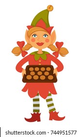 Girl elf in cone hat holds tray full of cookies