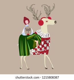 Girl elf on a fairy deer with a fairy-tale character Owl in her arms, holiday Christmas, New Year, winter, vector, illustration