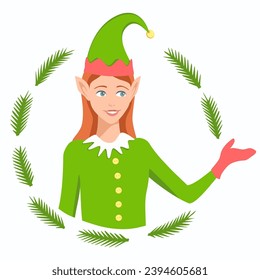 Girl Elf points with her hand in the direction of something. Christmas character in a round frame of spruce branches. Vector illustration.
