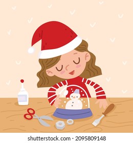 Girl elf in santa hat making handmade Christmas decorations, crafting new year present. Vector flat illustration. Christmas kids craft activities Holiday DIY preparation. Creative diy hobby.