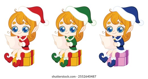 girl elf, Santa's Little Helper Reading a Letter on a Gift