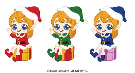 girl elf, Santa's Little Helper Waving on a Gift