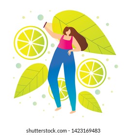 Girl Emblazoned and Makes Selfie Cartoon Flat. Poster Happy Girl Chooses Options for Varied Summer Holiday. Bright Flyer Travel Agency. Selfie on Background Smart. Vector Illustration.