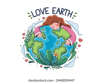 Girl embraces Earth and love the earth, highlighting human-nature connection and environmental stewardship, promoting conservation and sustainability.