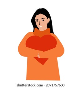 The girl embraces the heart. Vector stock illustration. A Valentine's Day card. The 14th of February. Love in itself. isolated on a white background.