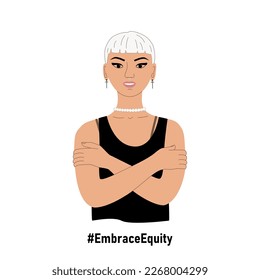 Girl embraces herself vector illustration. International womens day gesture. Embrace equity campaign. Support gender equality. Queer person hug themself. IWD poster.