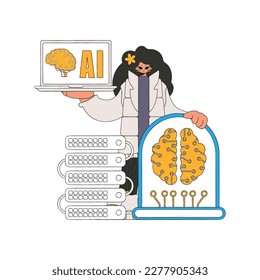 Girl embraces server with AI, vector art