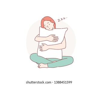 Girl embracing pillow. Hand drawn style vector design illustrations.