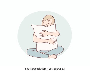 Girl embracing pillow. Hand drawn style vector design illustrations.	