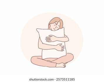 Girl embracing pillow. Hand drawn style vector design illustrations.	