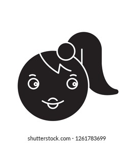 Girl emoji black vector concept icon. Girl emoji flat illustration, sign